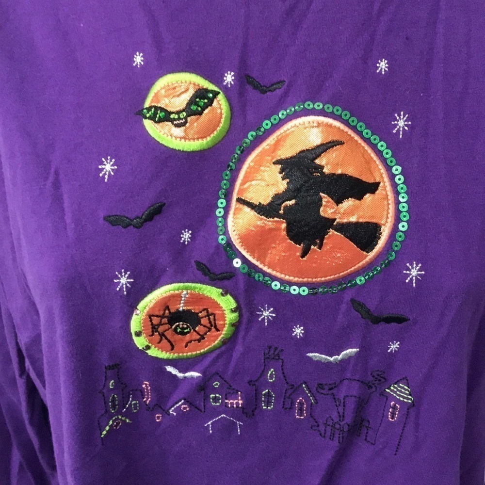 Halloween Witch Bat Spider Purple Long Sleeve Top - Picture 2 of 4